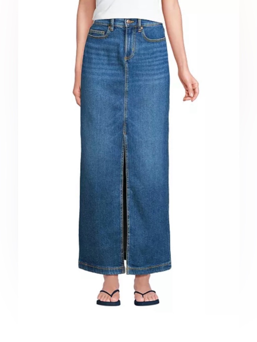 Lands End Stretch Denim, 5-Pocket Maxi-Skirt in Vintage Wash with Frayed Hem